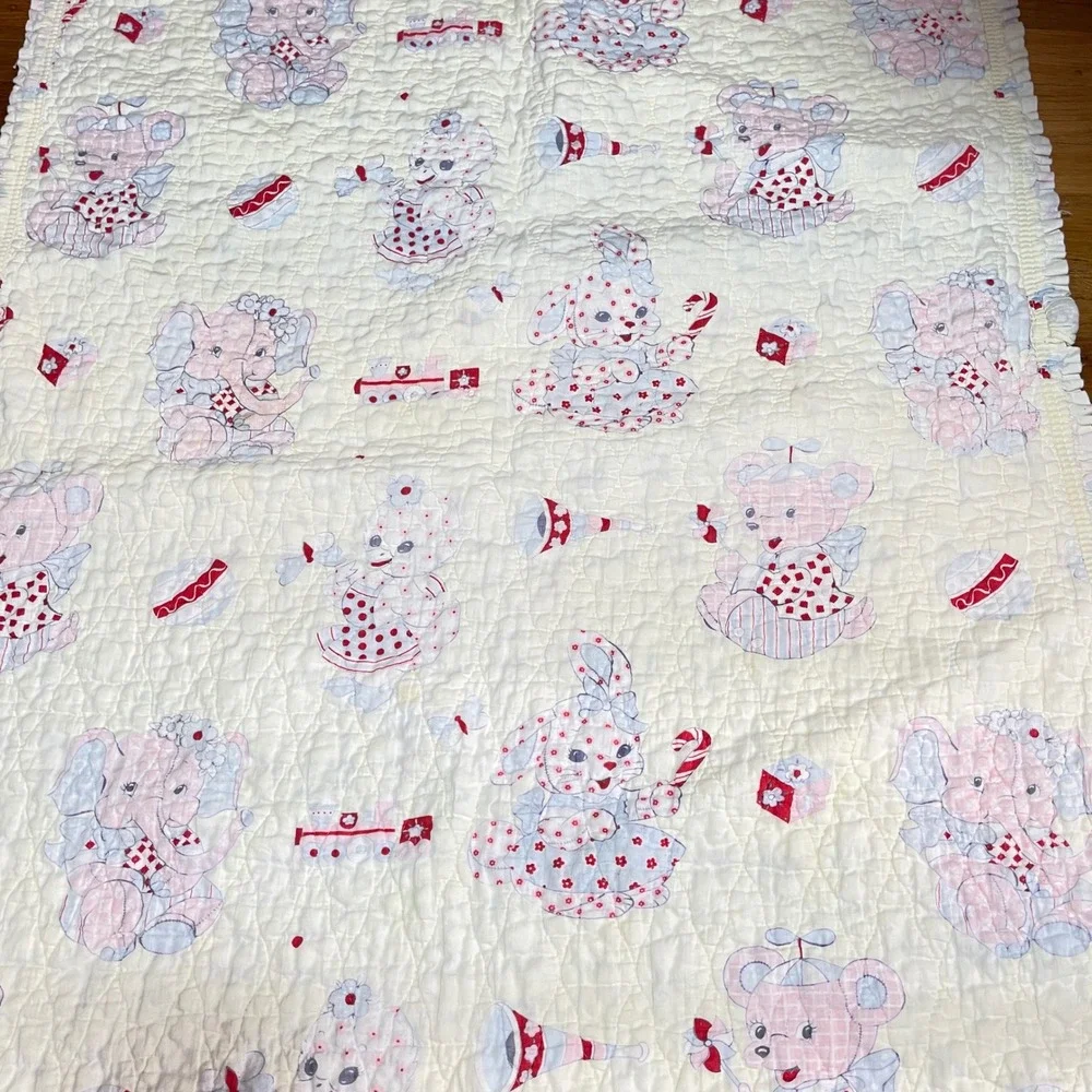 Vintage Quilted Baby Blanket Pastel Ruffled Circus Animal Elephant Bear Bunny